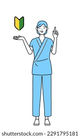 Middle-aged and senior female admitted patient in hospital gown showing the symbol for young leaves, Vector Illustration