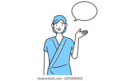 Middle-aged and senior female admitted patient in hospital gown giving directions, with a wipeout, Vector Illustration