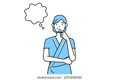 Middle-aged and senior female admitted patient in hospital gown thinking while scratching her face, Vector Illustration