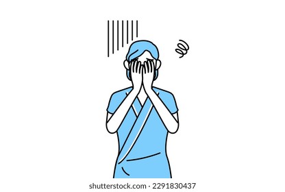 Middle-aged and senior female admitted patient in hospital gown covering her face in depression, Vector Illustration