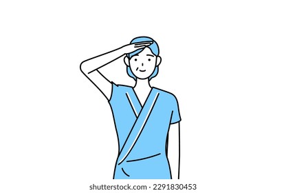 Middle-aged and senior female admitted patient in hospital gown making a salute, Vector Illustration