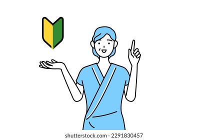 Middle-aged and senior female admitted patient in hospital gown showing the symbol for young leaves, Vector Illustration