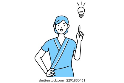 Middle-aged and senior female admitted patient in hospital gown coming up with an idea, Vector Illustration