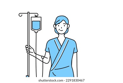 Middle-aged and senior female admitted patient in hospital gown with in holding IV stand, Vector Illustration