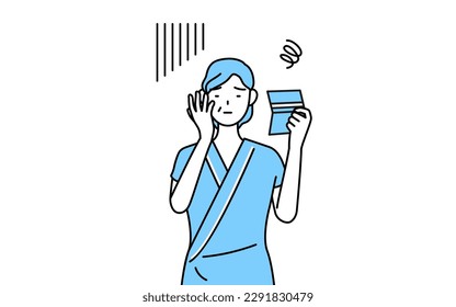 Middle-aged and senior female admitted patient in hospital gown looking at her bankbook and feeling depressed, Vector Illustration