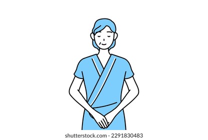 Middle-aged and senior female admitted patient in hospital gown bowing with folded hands, Vector Illustration