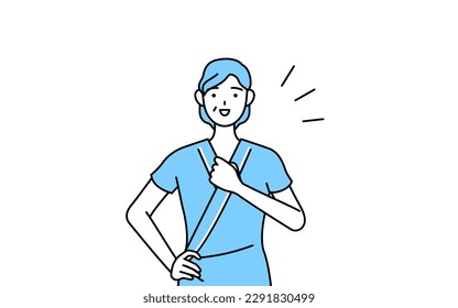 Middle-aged and senior female admitted patient in hospital gown tapping her chest, Vector Illustration
