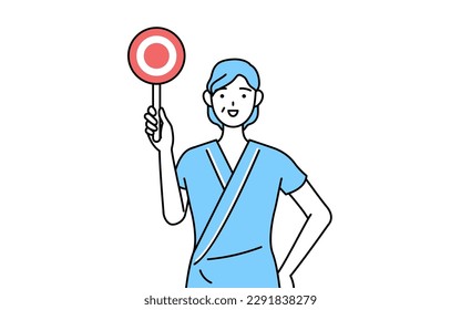 Middle-aged and senior female admitted patient in hospital gown holding a maru placard that shows the correct answer, Vector Illustration