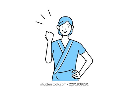 Middle-aged and senior female admitted patient in hospital gown posing with guts, Vector Illustration