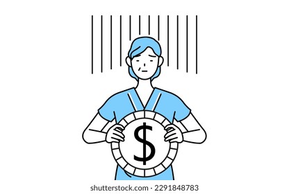 Middle-aged and senior female admitted patient in hospital gown an image of exchange loss or dollar depreciation, Vector Illustration