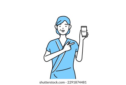 Middle-aged and senior female admitted patient in hospital gown recommending cashless online payments on a smartphone, Vector Illustration
