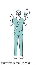 Middle-aged and senior male admitted patient in hospital gown who is pleased to see a bankbook, Vector Illustration