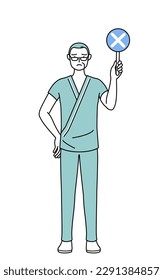 Middle-aged and senior male admitted patient in hospital gown holding a placard with an X indicating incorrect answer, Vector Illustration