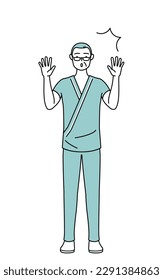 Middle-aged and senior male admitted patient in hospital gown raising his hand in surprise, Vector Illustration