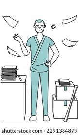 Middle-aged and senior male admitted patient in hospital gown who is fed up with his unorganized business, Vector Illustration