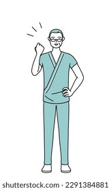 Middle-aged and senior male admitted patient in hospital gown posing with guts, Vector Illustration