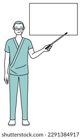 Middle-aged and senior male admitted patient in hospital gown pointing at a whiteboard with an indicator stick, Vector Illustration