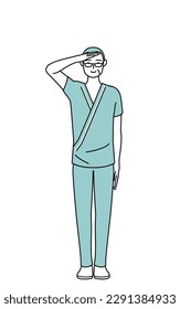 Middle-aged and senior male admitted patient in hospital gown making a salute, Vector Illustration