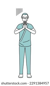 Middle-aged and senior male admitted patient in hospital gown apologizing with his hands in front of his body, Vector Illustration