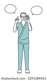 Middle-aged and senior male admitted patient in hospital gown pointing while on the phone, Vector Illustration