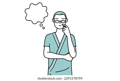 Middle-aged and senior male admitted patient in hospital gown thinking while scratching his face, Vector Illustration