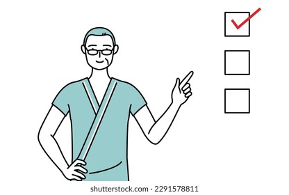 Middle-aged and senior male admitted patient in hospital gown pointing to a checklist, Vector Illustration