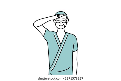 Middle-aged and senior male admitted patient in hospital gown making a salute, Vector Illustration