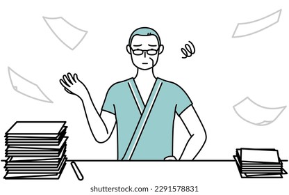 Middle-aged and senior male admitted patient in hospital gown who is fed up with his unorganized business, Vector Illustration