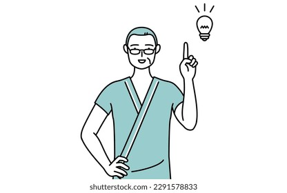 Middle-aged and senior male admitted patient in hospital gown coming up with an idea, Vector Illustration