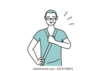Middle-aged and senior male admitted patient in hospital gown tapping his chest, Vector Illustration