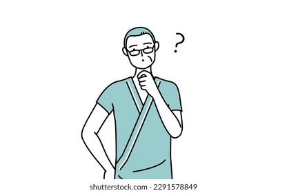 Middle-aged and senior male admitted patient in hospital gown nodding his head in question, Vector Illustration