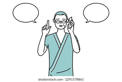 Middle-aged and senior male admitted patient in hospital gown pointing while on the phone, Vector Illustration