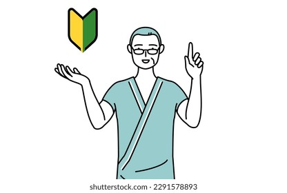 Middle-aged and senior male admitted patient in hospital gown showing the symbol for young leaves, Vector Illustration
