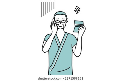 Middle-aged and senior male admitted patient in hospital gown looking at his bankbook and feeling depressed, Vector Illustration