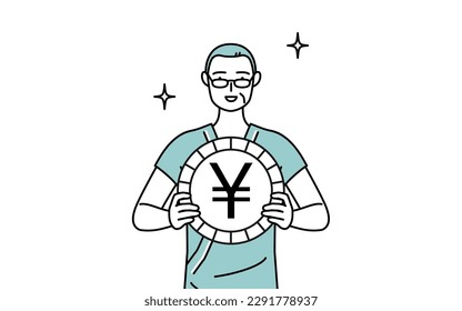 Middle-aged and senior male admitted patient in hospital gown an image of foreign exchange gains and yen appreciation, Vector Illustration