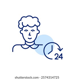 Middle-aged woman and 24 hours clock. All hours support system. Timeless family connection and social services. Pixel perfect, editable stroke icon