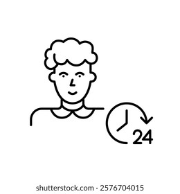 Middle-aged woman and 24 hours clock. All hours support system. Timeless family connection and social services. Pixel perfect vector icon