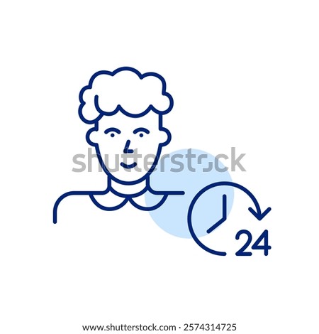 Middle-aged woman and 24 hours clock. All hours support system. Timeless family connection and social services. Pixel perfect, editable stroke icon