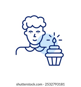 Middle-aged woman avatar and cupcake with lit candle. Birthday party, user milestone celebration. Pixel perfect vector icon