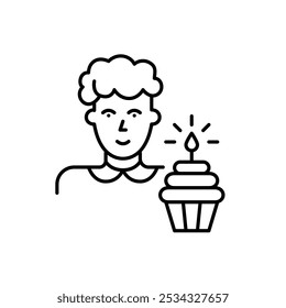 Middle-aged woman avatar and cupcake with lit candle. Birthday party, user milestone celebration. Pixel perfect, editable stroke icon