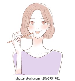 Middle-aged woman brushing her teeth. On white background.