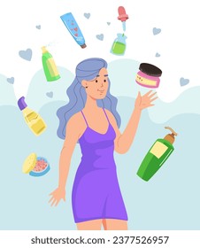 Middle-aged woman choosing effective anti-aging cosmetic products vector illustration. Anti-wrinkle serum, cream, line-reducing retinol. Beauty, skin care concept