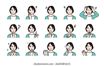 Middle-aged woman facial expression variation set