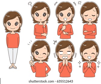 A middle-aged woman has various facial expressions