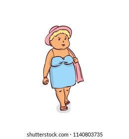 A middle-aged woman in a hat and a summer dress is walking. Hand drawn cartoon vector illustration.