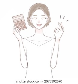 Middle-aged woman holding a calculator and holding an OK sign. On white background.