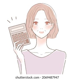 Middle-aged woman holding calculator. On white background.