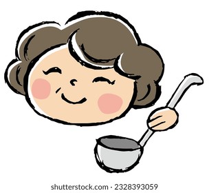 A middle-aged woman holding a ladle and smiling