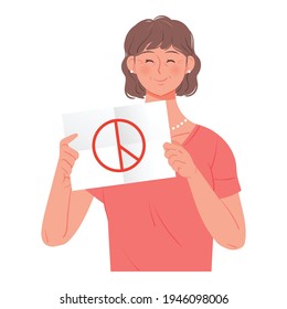 A middle-aged woman holding a picket encouraging voting. Election concept personage vector illustration.