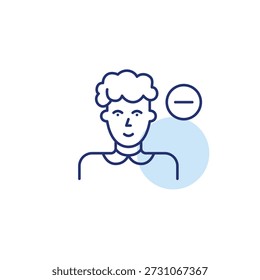 Mulher de meia-idade e menos. Remova o usuário, exclua o avatar. Reduza o acesso ao perfil. Pixel perfeito, ícone de vetor de traço editável